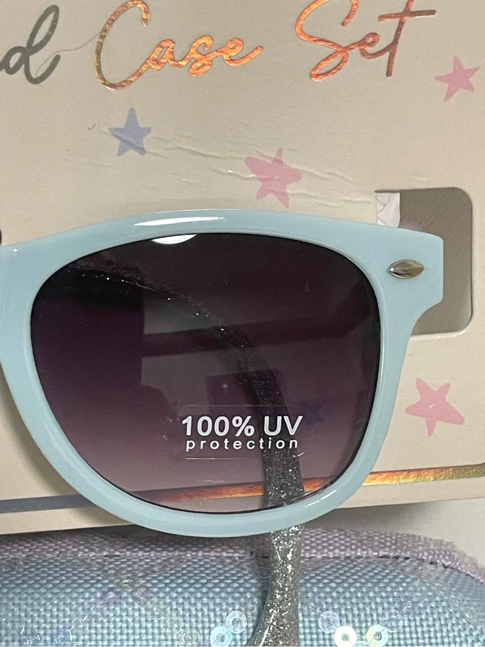 Kids Pastel Blue Sunglasses with Sparkle USA Case